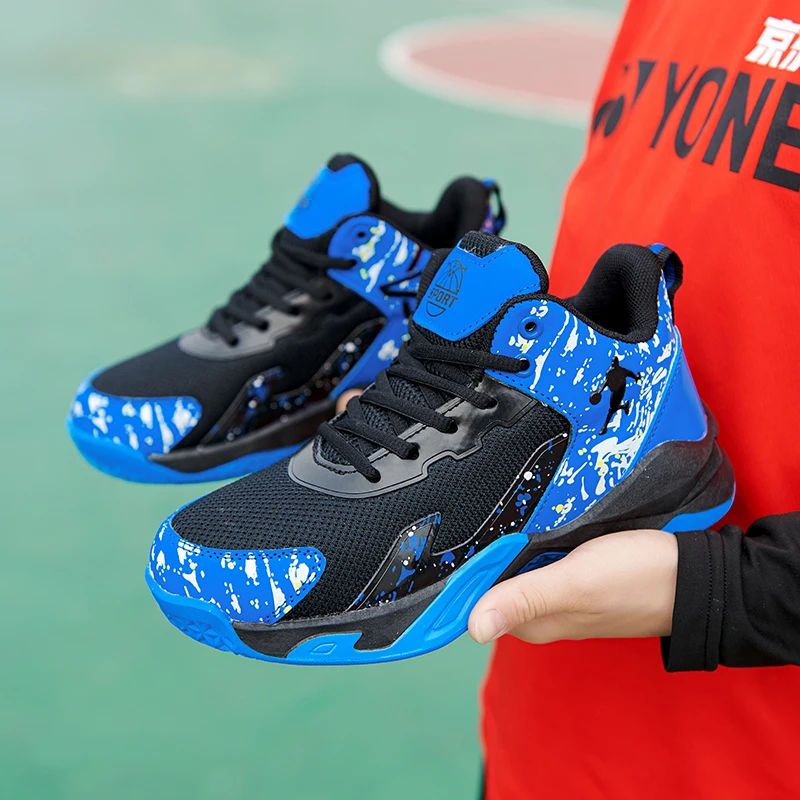 Совершенно новая детская баскетбольная обувь Кроссовки для мальчиков с высоким верхом Дизайн Синяя детская спортивная обувь Нескользящая корзина Тренерская обувь Kid 0