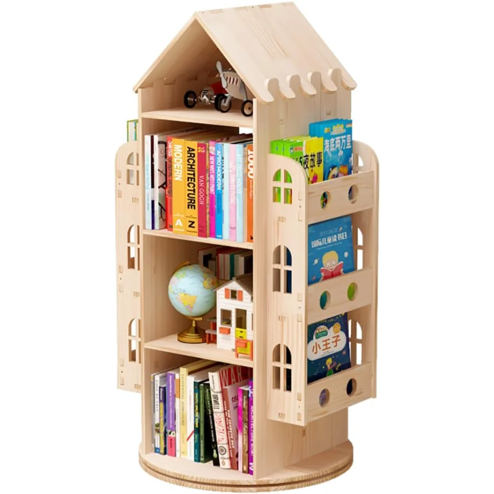  Вращающаяся книжная полка, 360 дисплей 4-уровневый напольный книжный шкаф для хранения стеллажей, деревянный стеллаж для хранения детской книжной полки,