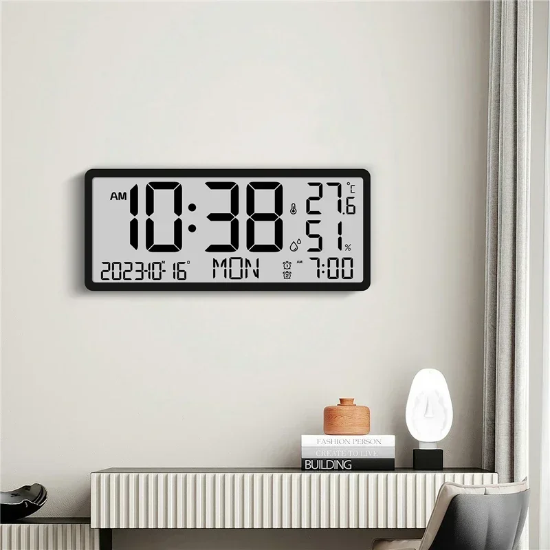  Большие цифровые настенные часы с температурой, влажностью, датой, временем, неделей, двойным будильником, дисплеем, современным дизайном, многофункциональными электронными ЖК-часами 0