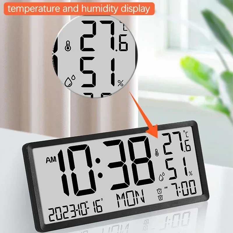  Большие цифровые настенные часы с температурой, влажностью, датой, временем, неделей, двойным будильником, дисплеем, современным дизайном, многофункциональными электронными ЖК-часами 3