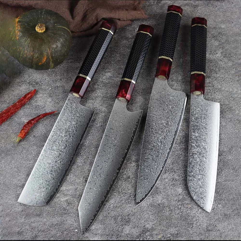 Chefs Нож-тесак 10Cr15MoV 67 слоев Лезвие из дамасской стали Острый Kiritsuke Nakiri Нарезка Кухонные ножи Santoku Ручка из смолы 3