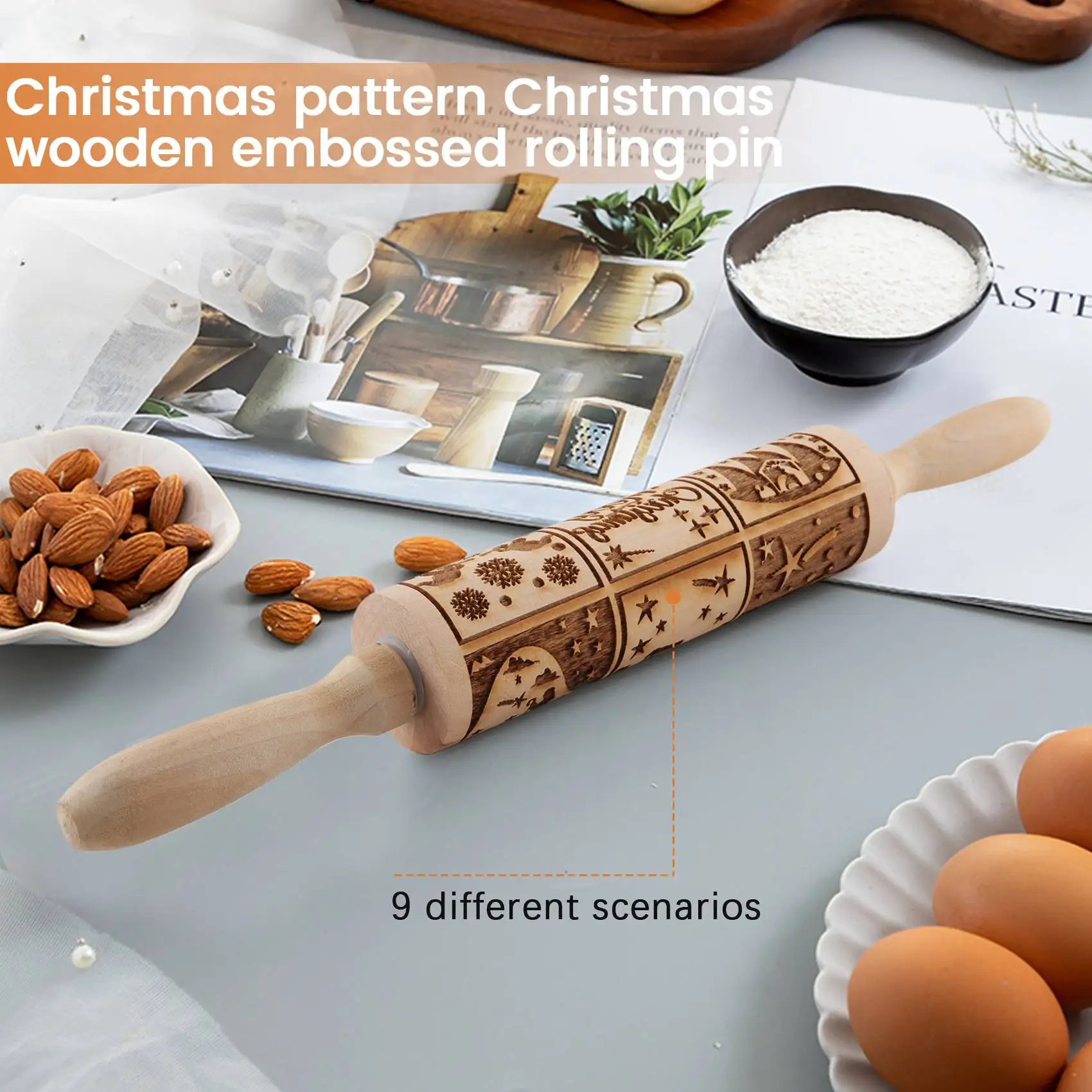 Рождественский узор рождественской деревянной скалки для тиснения с 9 различными сценами для выпечки тисненого печенья 3