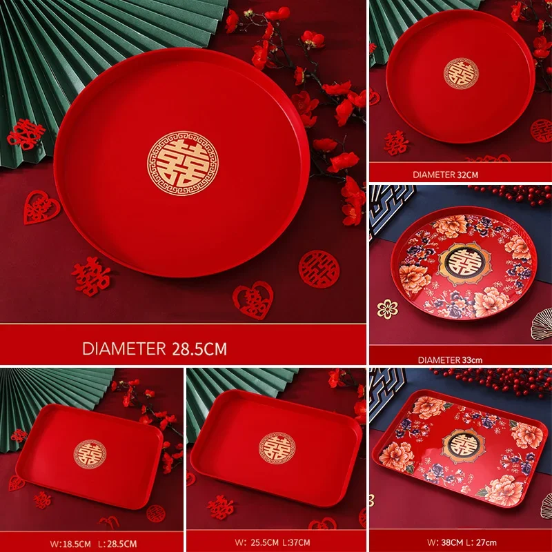  Банкет Праздничный Многоразмерный Хранение Красный Xi Поднос Кухонные принадлежности Традиционные фрукты Китайская свадебная закуска Пластиковый чай 4
