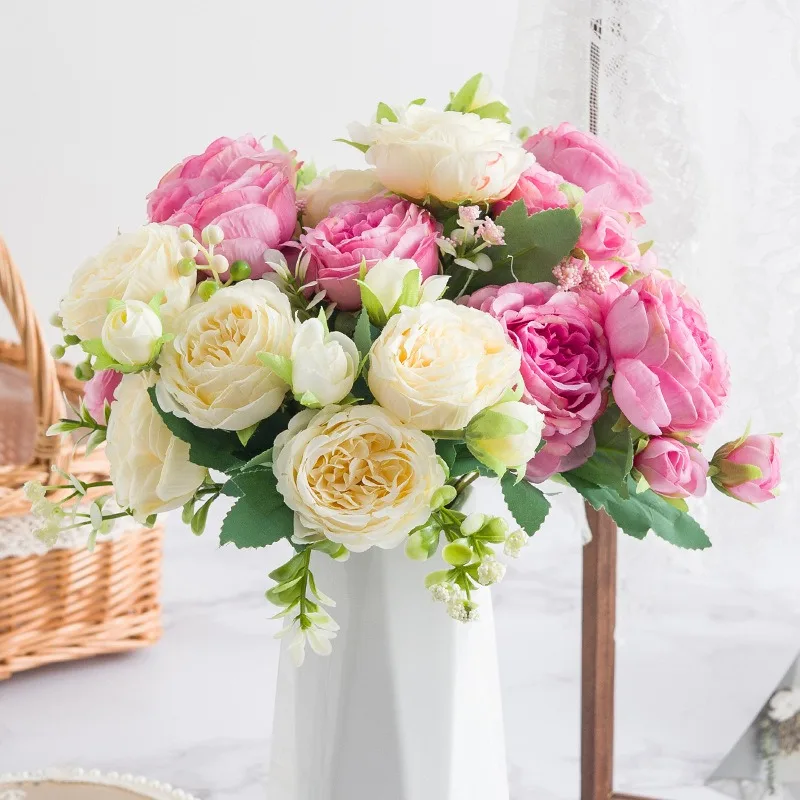 1 букет 30 см роза розовый пион искусственные цветы 5 больших головок и 4 бутона искусственные цветы для DIY Гостиная Домашнее свадебное украшение 0