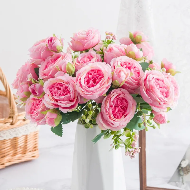 1 букет 30 см роза розовый пион искусственные цветы 5 больших головок и 4 бутона искусственные цветы для DIY Гостиная Домашнее свадебное украшение 1