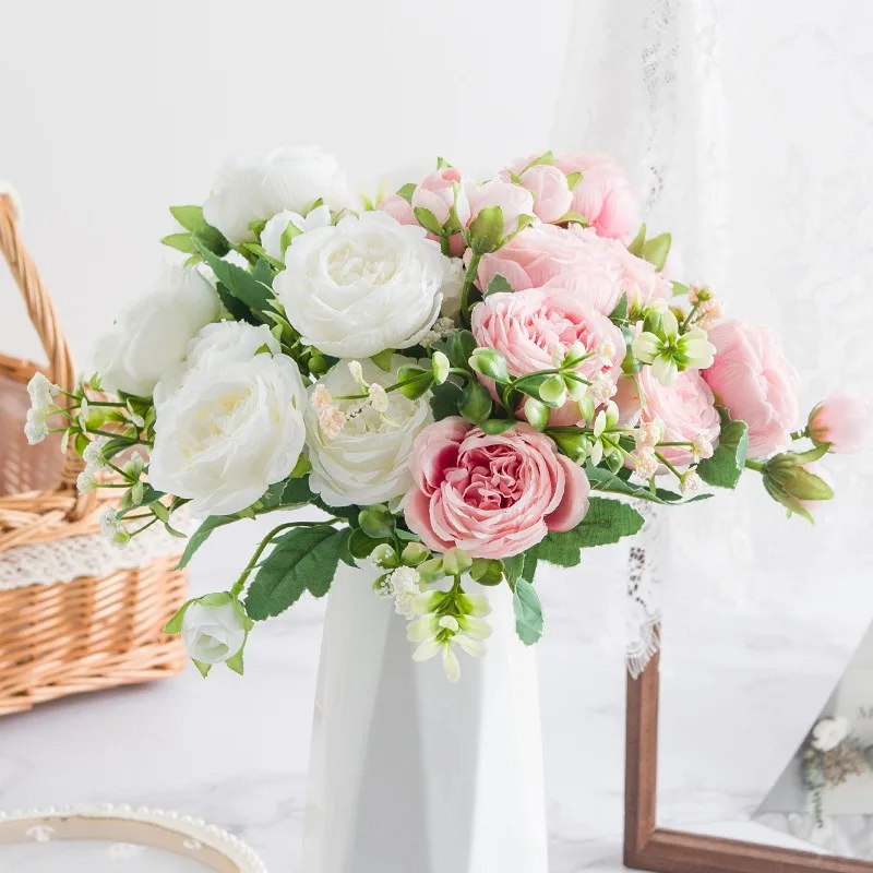 1 букет 30 см роза розовый пион искусственные цветы 5 больших головок и 4 бутона искусственные цветы для DIY Гостиная Домашнее свадебное украшение 2