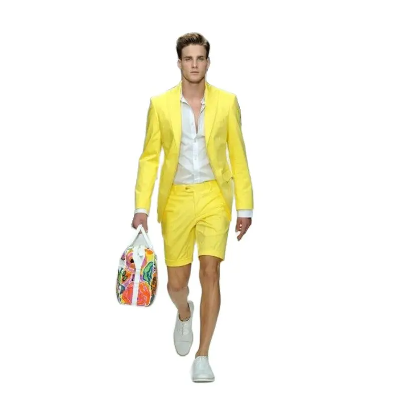Летние желтые мужские костюмы с короткими брюками 2 шт. костюм Homme Wedding Prom Casual Style Slim Fit Groom Tuxedos Blazer Sets 0
