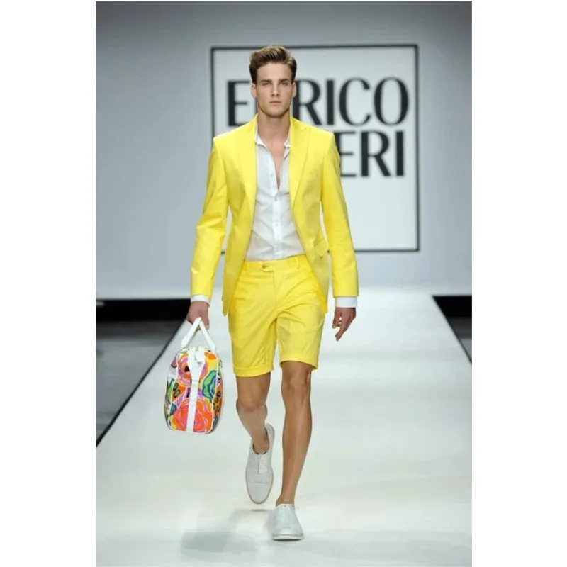 Летние желтые мужские костюмы с короткими брюками 2 шт. костюм Homme Wedding Prom Casual Style Slim Fit Groom Tuxedos Blazer Sets 2