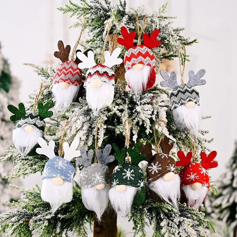 Рождественский кулон Декор Оленьи рога Вязаная шапка Безликая кукла для рождественской елки Подвесной кулон Аксессуар для праздничного декора 1
