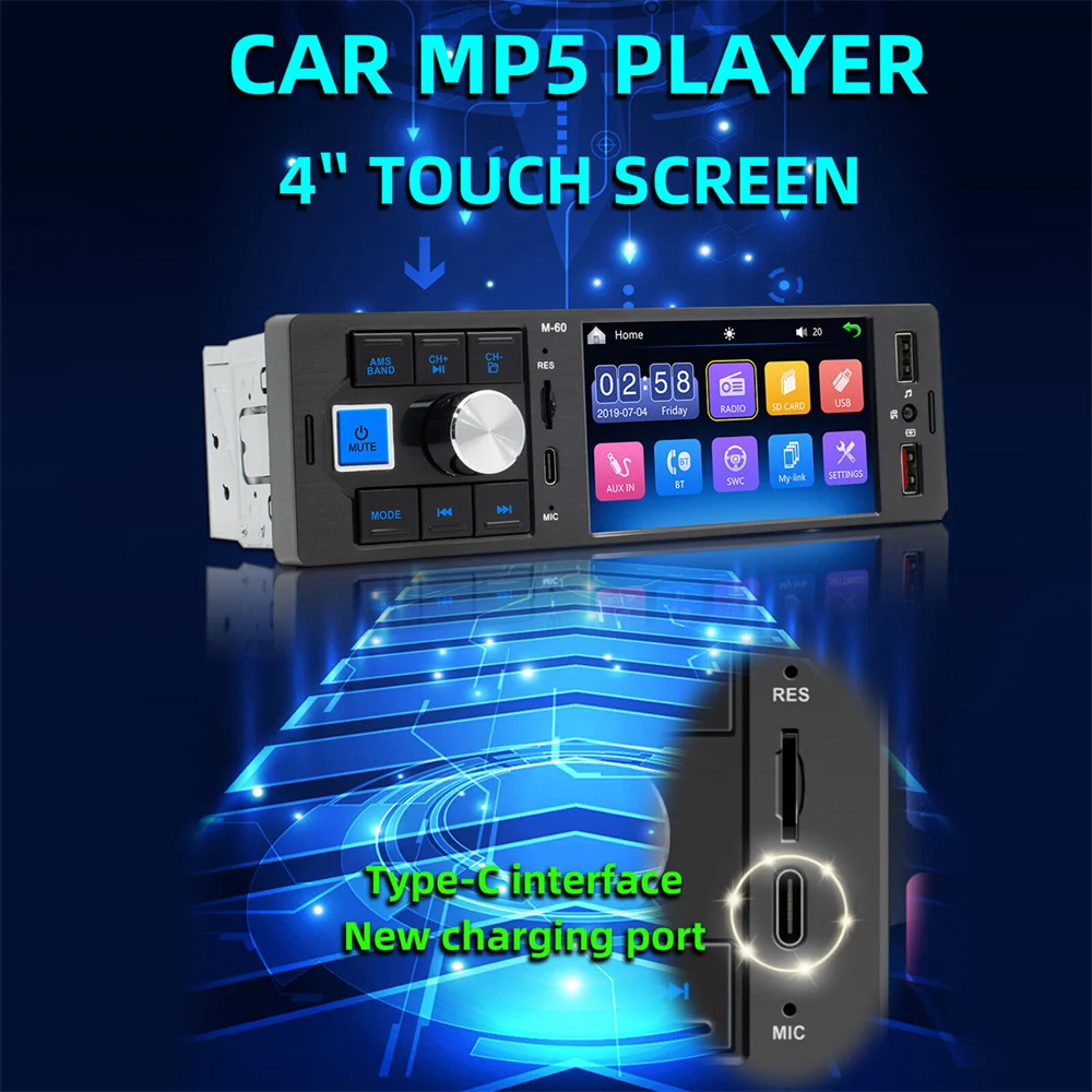 Bluetooth Авто Радио 1 DIN 4,1 дюйма Сенсорный экран MP5 Плеер Тип C Зарядка USB TF Hands Free 7 Цветы Освещение ISO Головное устройство M60 1