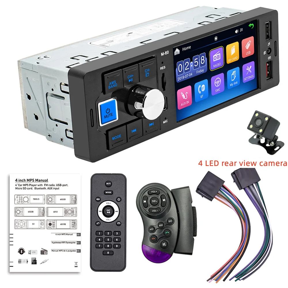 Bluetooth Авто Радио 1 DIN 4,1 дюйма Сенсорный экран MP5 Плеер Тип C Зарядка USB TF Hands Free 7 Цветы Освещение ISO Головное устройство M60 2