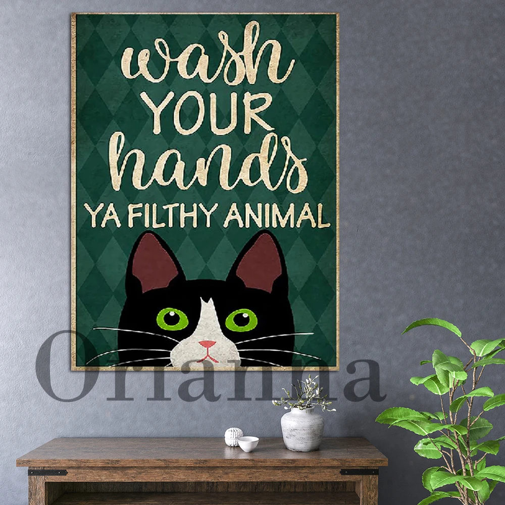 Вымойте руку Плакат, Винтажный плакат, Смешной плакат, Забавный кошачий плакат, Винтажный Смешной Кот Ванная комната HD Печать Холст Живопись