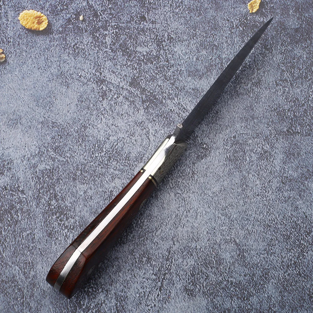 Желтая ручка из сандалового дерева Дамасская сталь лезвие Выживание в дикой природе Кемпинг Рыбалка на открытом воздухе EDC Инструментальный нож 3