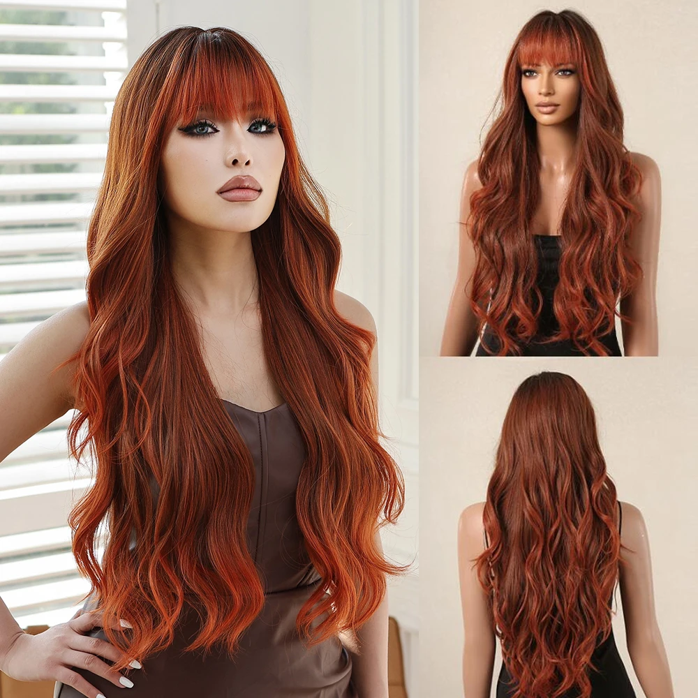 длинные волнистые парики оранжево-коричневые парики омбре с челкой косплей синтетический натуральный парик для женщин праздничный парик для вечеринок термостойкое волокно