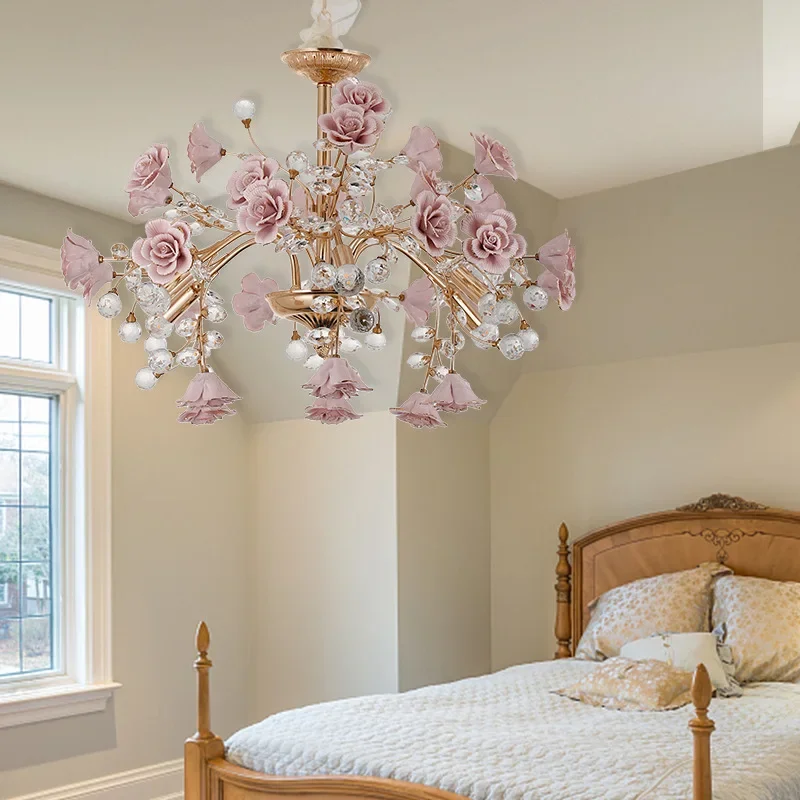 Спальня светлая роскошная хрустальная люстра в европейском стиле, филиал персиковый порошок, керамический фонарь, придворная роза, новогодний декоративный 0