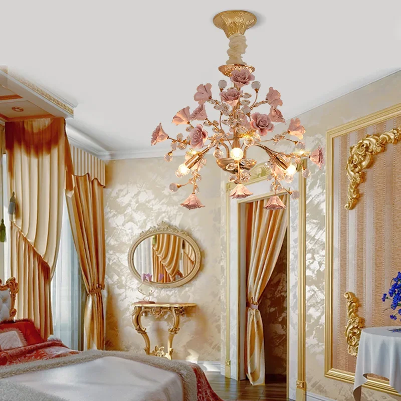 Спальня светлая роскошная хрустальная люстра в европейском стиле, филиал персиковый порошок, керамический фонарь, придворная роза, новогодний декоративный 1