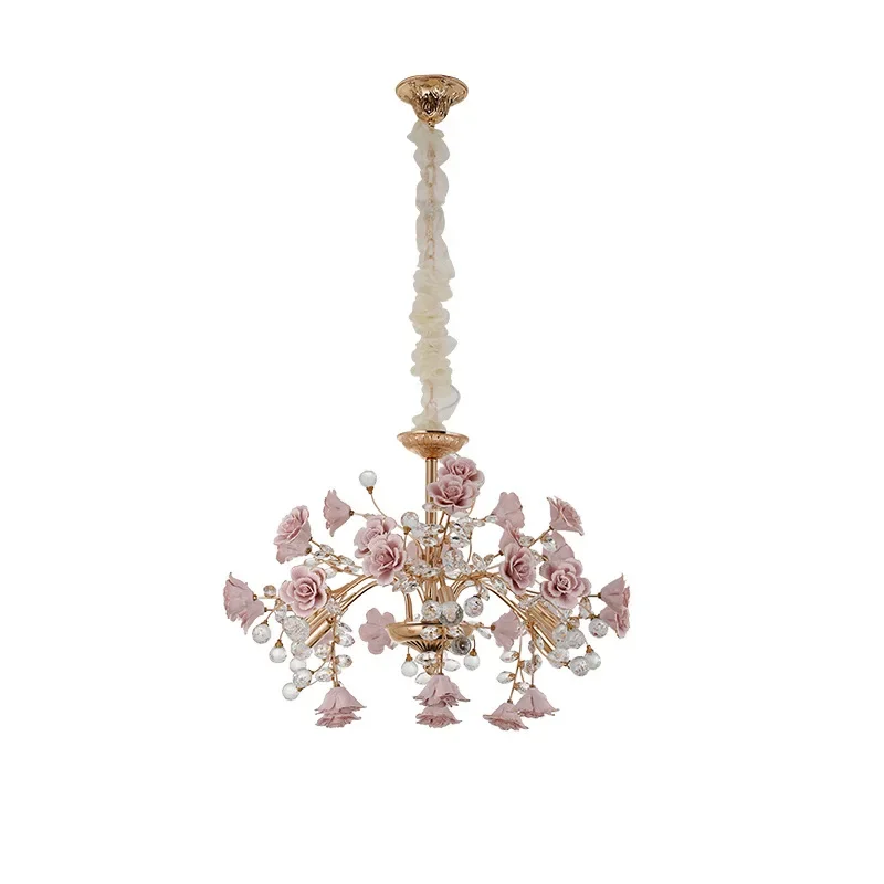Спальня светлая роскошная хрустальная люстра в европейском стиле, филиал персиковый порошок, керамический фонарь, придворная роза, новогодний декоративный 3