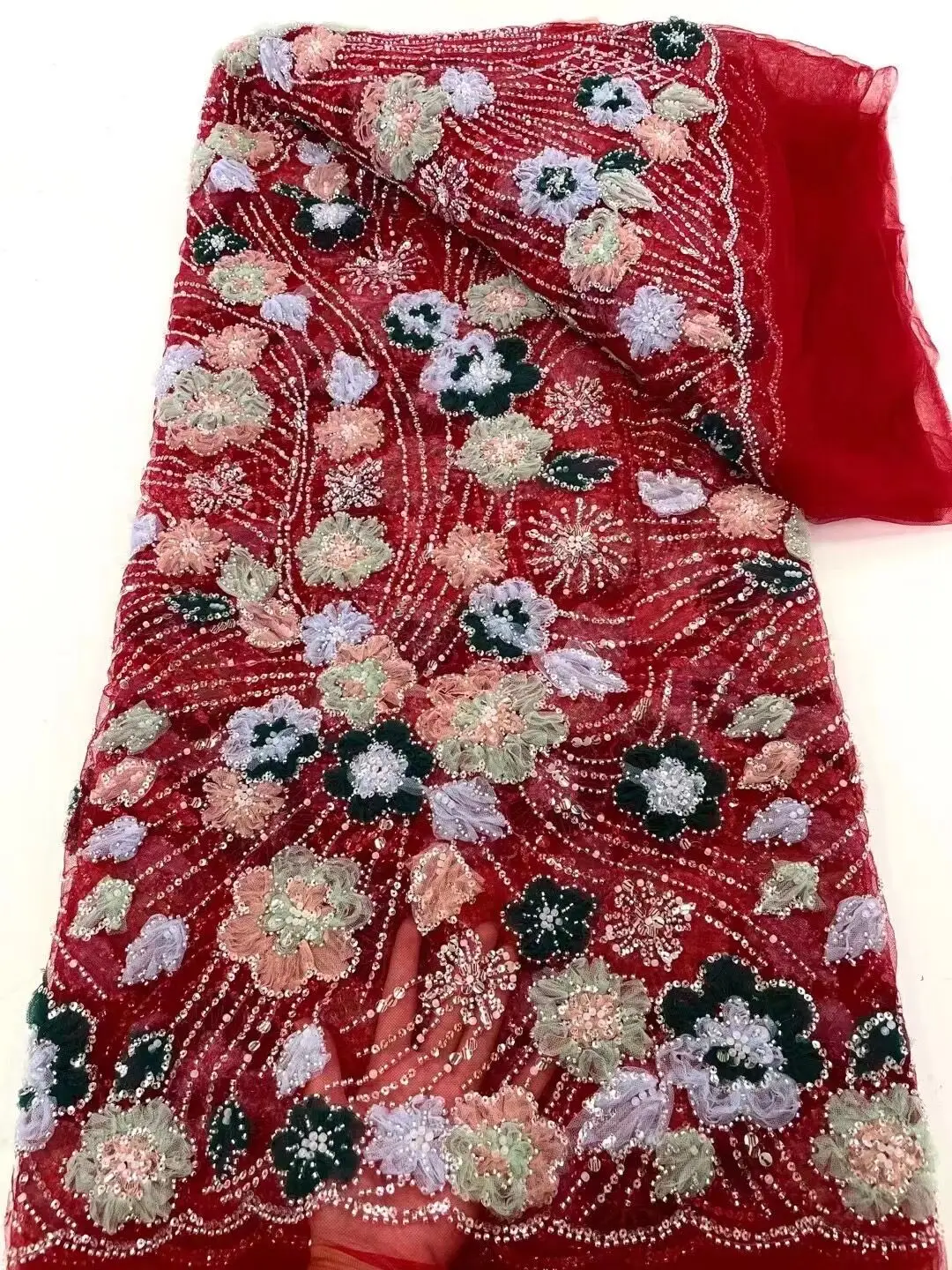 нигерийский кружевной материал с бусинами J-1308369 для вечерних платьев Французская кружевная ткань Высокое качество Новое бисерное тюлевое кружево 3