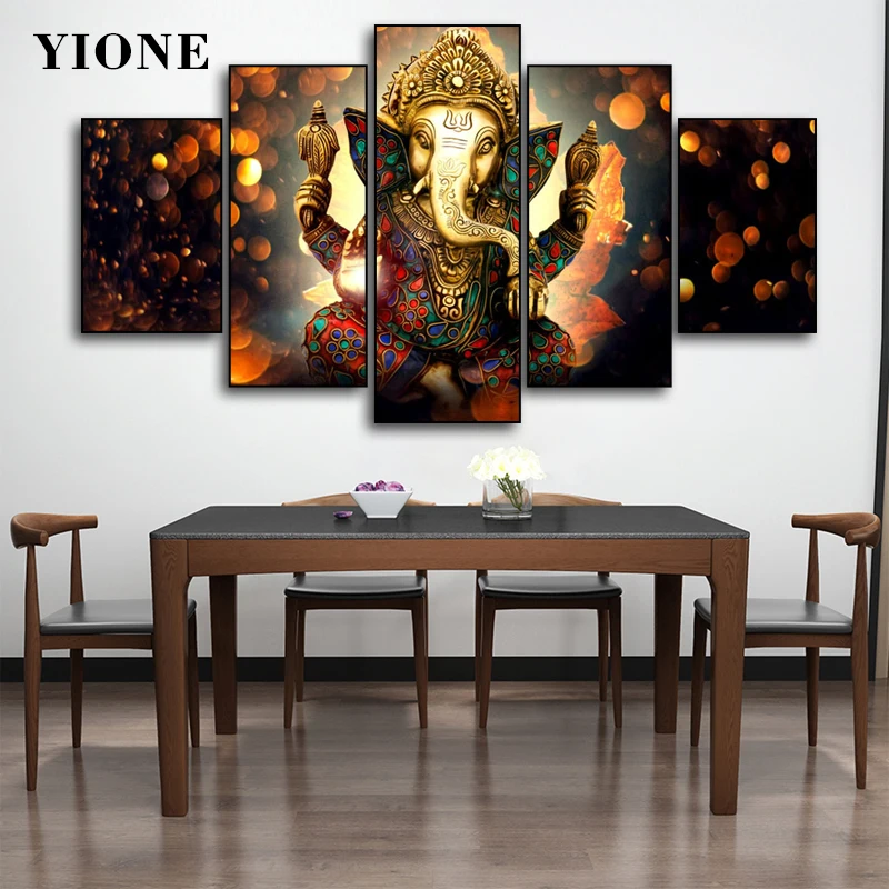 5 панель Золотой слон Статуя Бога Холст Картины Набор Искусство Животные Буддизм Религиозные Картины для Комнаты Настенные плакаты и принты 5