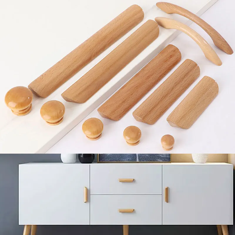 Скандинавские деревянные ручки для шкафов и ящиков Мебельная ручка из массива дерева 64/96/128 мм Кухонный шкаф Ручки шкафа Ручки Pulls 5