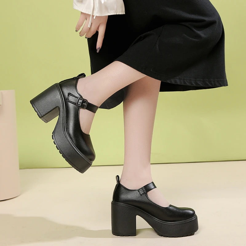 2023 Новая модная женская обувь на высоком каблуке с толстой подошвой и круглым носком с неглубокой пряжкой Повседневная большая женская обувь на высоком каблуке 35- 2