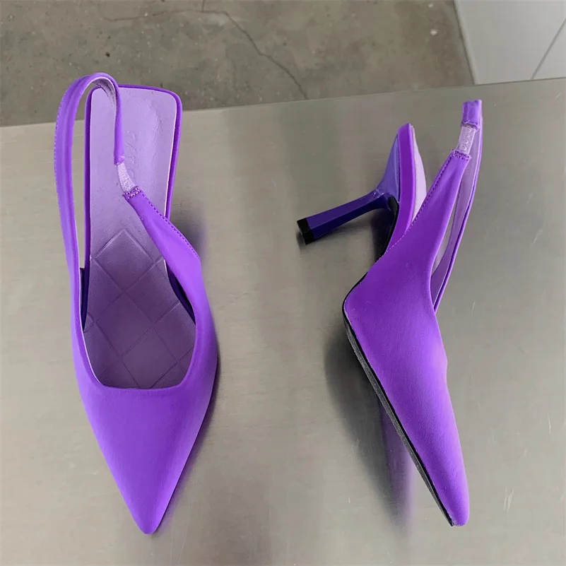 2022 Мода Элегантные Женщины 9 см Высокие каблуки Тапочки Леди Слингбэк Мюли Фиолетовый Зеленый Оранжевый Каблуки Роскошные Слайды Свадебная обувь 2