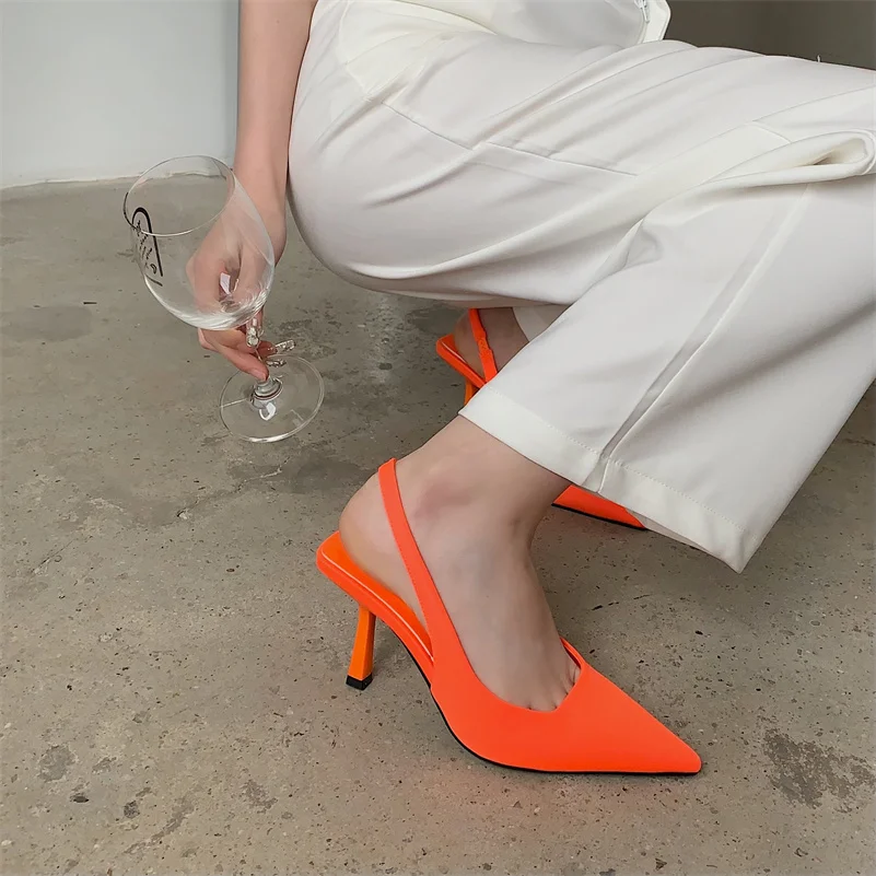 2022 Мода Элегантные Женщины 9 см Высокие каблуки Тапочки Леди Слингбэк Мюли Фиолетовый Зеленый Оранжевый Каблуки Роскошные Слайды Свадебная обувь 4