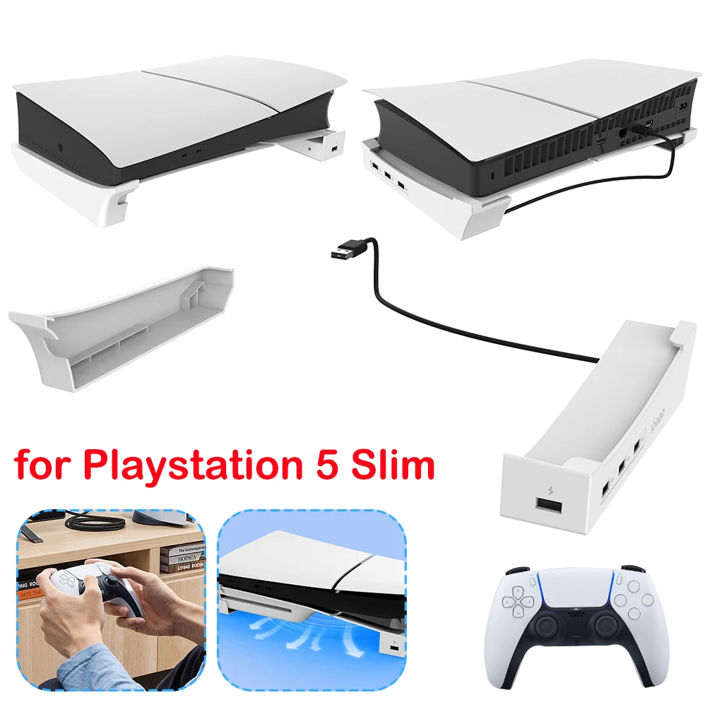 Для PS5 Slim Горизонтальный держатель с концентратором Держатель подставки 1 Быстрая зарядка и 3 передачи даты Порт USB 2.0 для Playstation 5 Slim 1