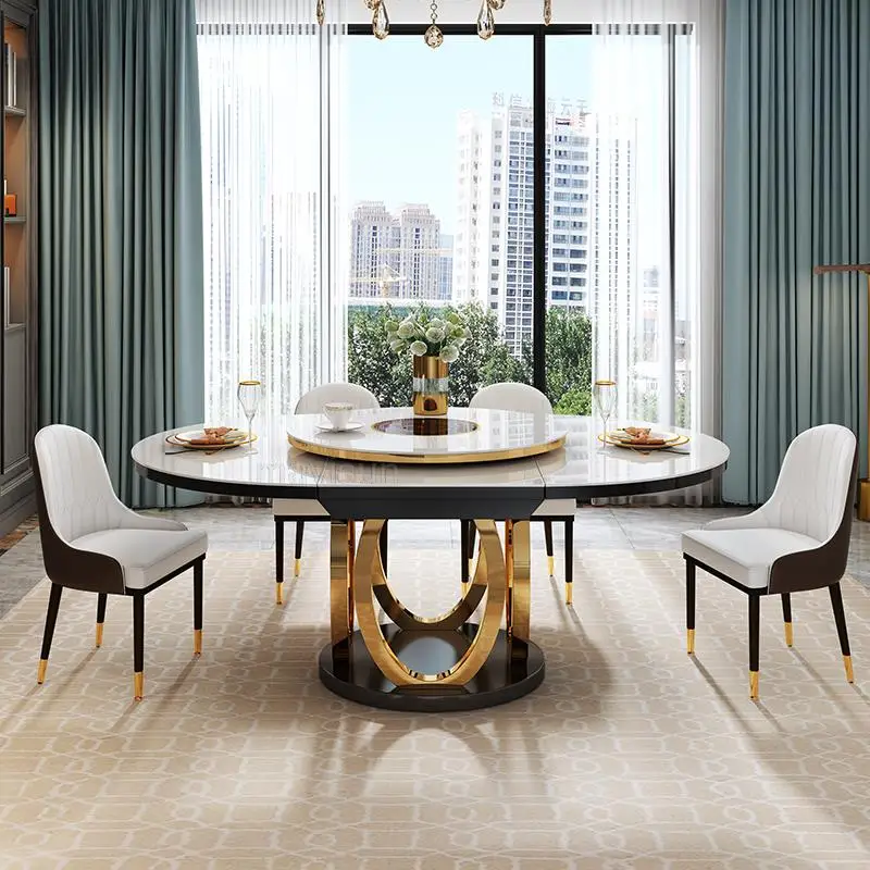  Комбинация обеденного стола и 6 стульев с поворотным столом Рама из нержавеющей стали Круглый стол Кухонная мебель для большой квартиры