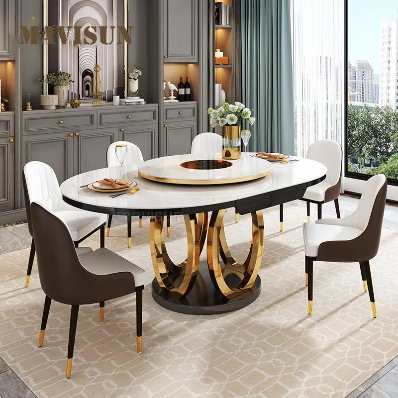  Комбинация обеденного стола и 6 стульев с поворотным столом Рама из нержавеющей стали Круглый стол Кухонная мебель для большой квартиры 1