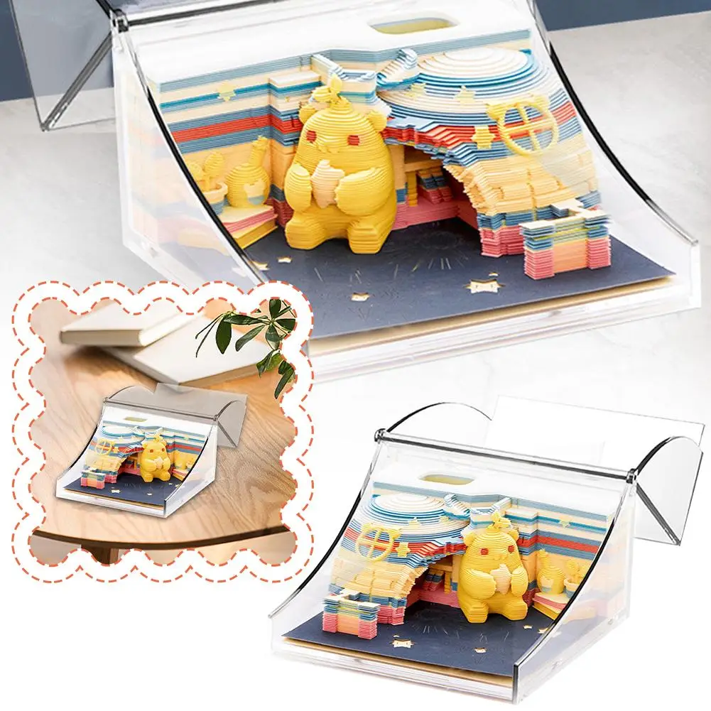 Omoshiroi Block 3D Блокнот Kawaii Бумажный дом Sprout Bear Series Резьба по бумаге Художественные ремесла 3D Нелипкий блокнот Творческий подарок 3