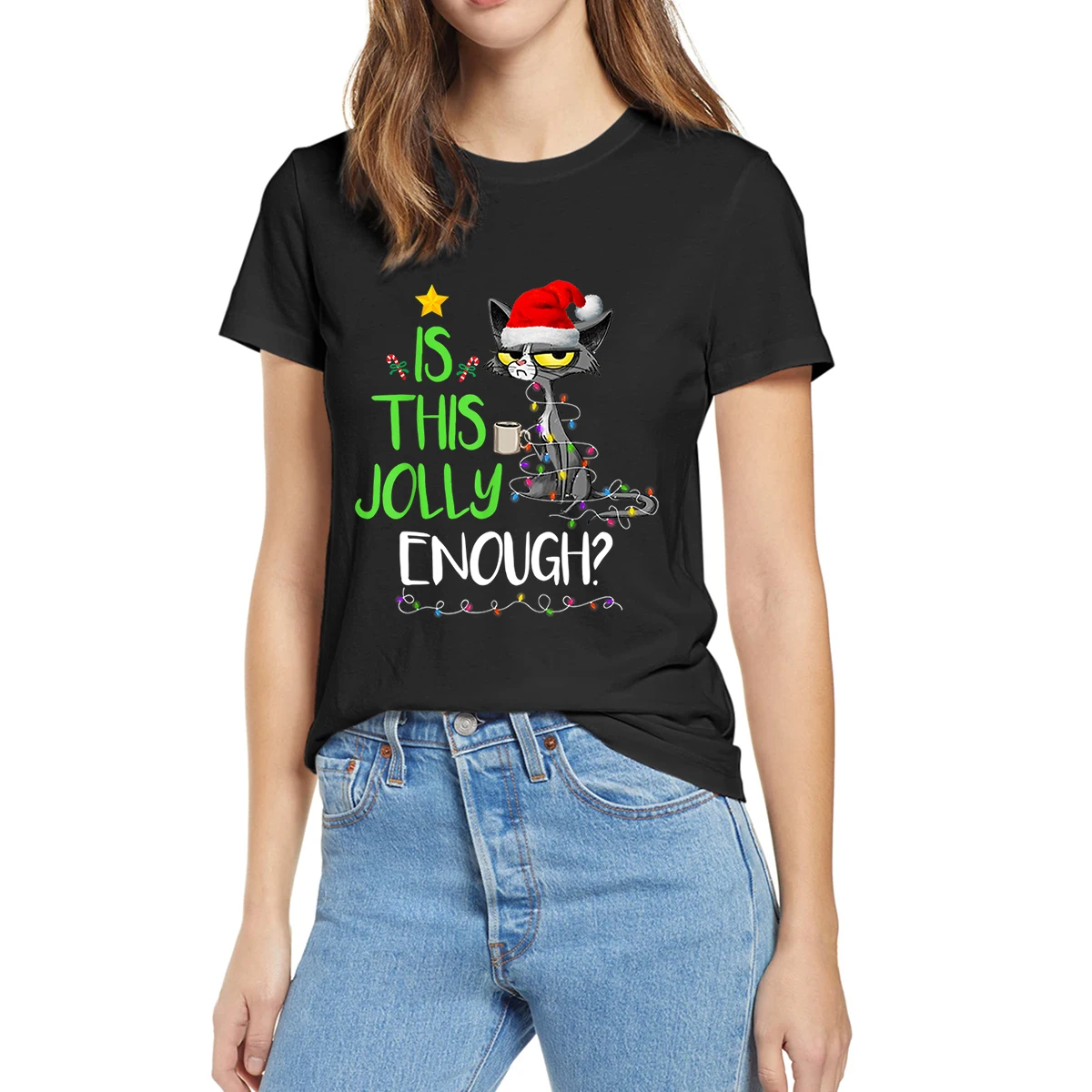 100% хлопок - это достаточно веселый черный кот веселой рождественской елки огни лето женщины повседневная новинка оверсайз футболка унисекс футболка 0