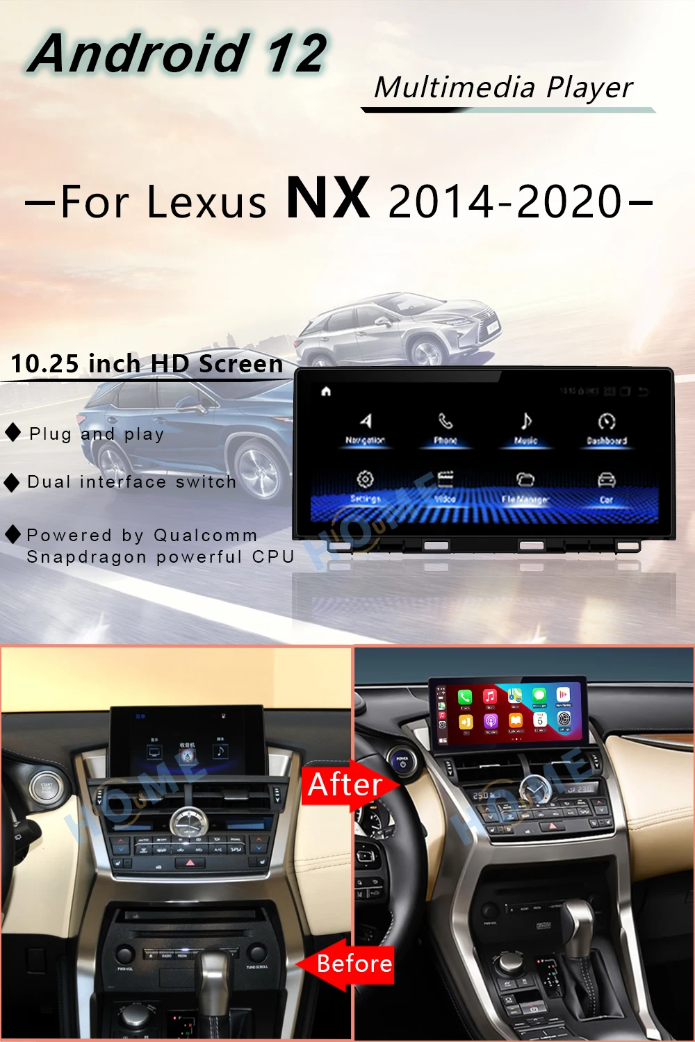 Новый Qualcomm Android 12 Авто Радио CarPlay GPS Навигация для Lexus NX NX200 NX200T 300h Мультимедийный плеер Авторадио Стерео 14-22 1