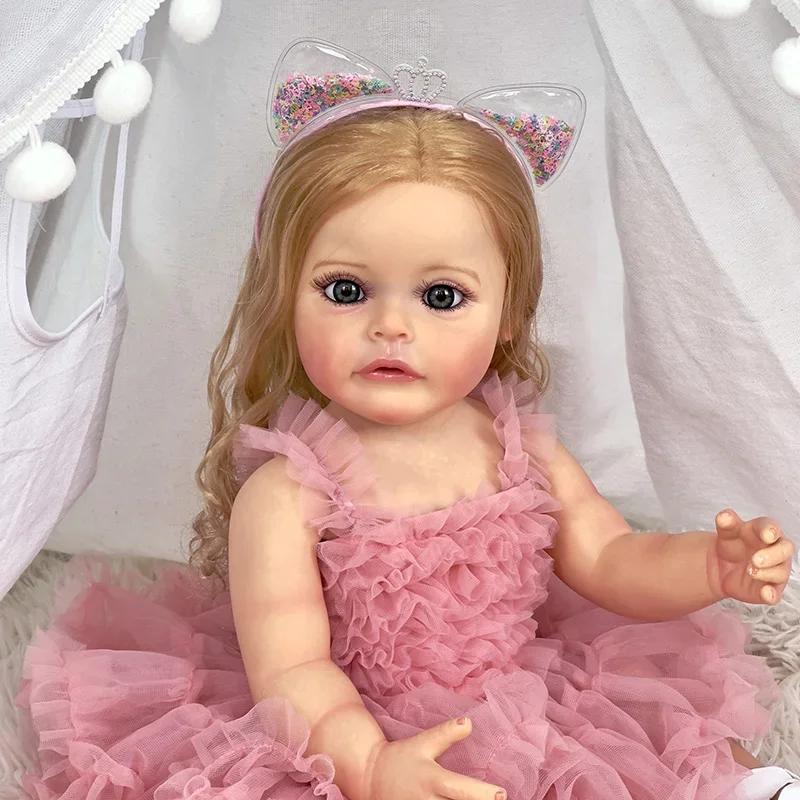 55 см Силикон для всего тела Sue-Sue Reborn Toddler Girl Princess Ручная детализированная роспись Коренные светлые волосы Водонепроницаемая игрушка 0