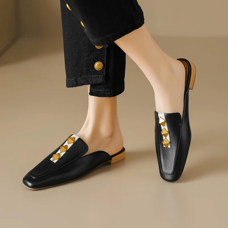 2023 Летние тапочки Женская обувь из натуральной кожи для женщин Квадратный носок Низкий каблук Мюли Элегантные сандалии Женщины Cover Toe Slides 5