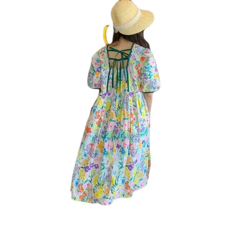 Семейная одежда Мать и дочь Красочные цветочные платья принцессы Лето с пышным рукавом Пляжное платье с открытой спиной 2-8 лет Vestidos 4