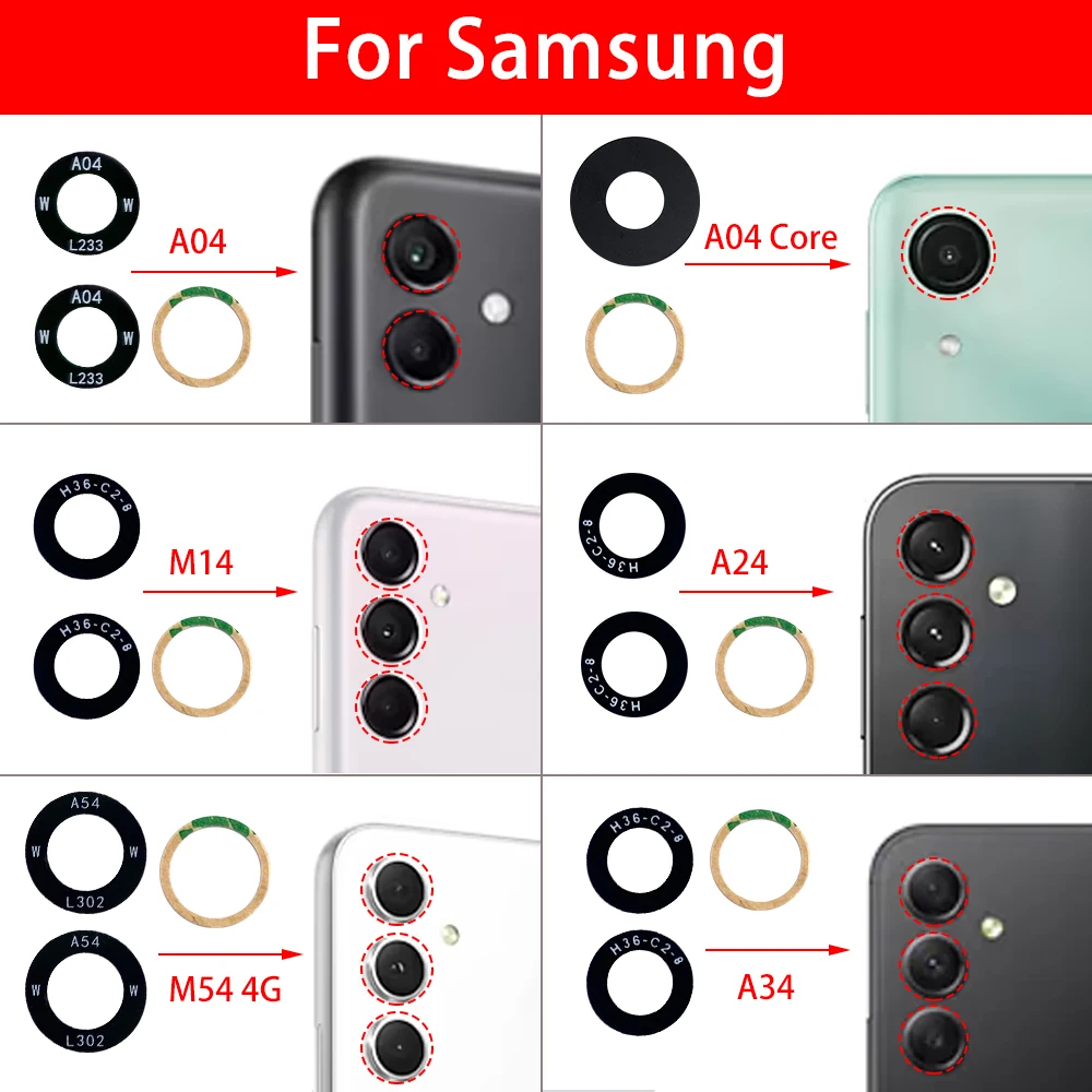 20 шт. Стеклянная задняя камера с клеем для Samsung A03 A03s A04 A04s A04E A14 A24 A34 A54 A32 A52 A72 A33 A53 A73 4G 5G 1