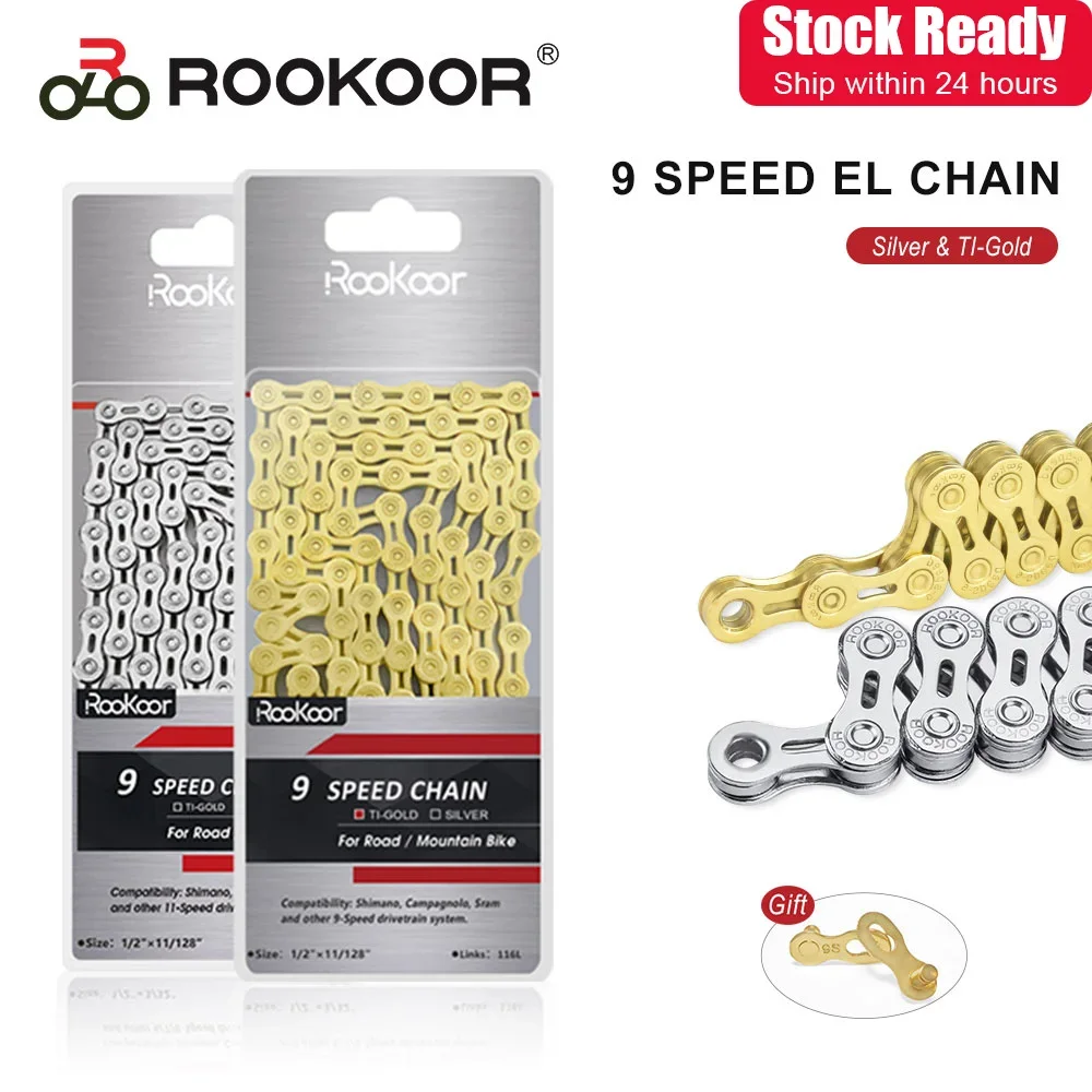 Rookoor Bicycle EL Chain для 9-скоростных запчастей для горных велосипедов и шоссейных велосипедов - легкая, полая конструкция со 116 звеньями, серебристый титан