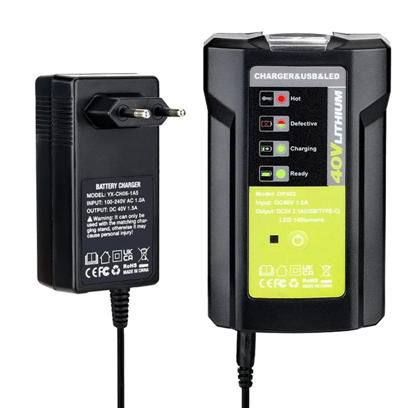 адаптер черный с USB для аккумулятора Ryobi 36-40 В LUB40V Зарядное устройство Защита от перезарядки с аварийным освещением постоянного тока