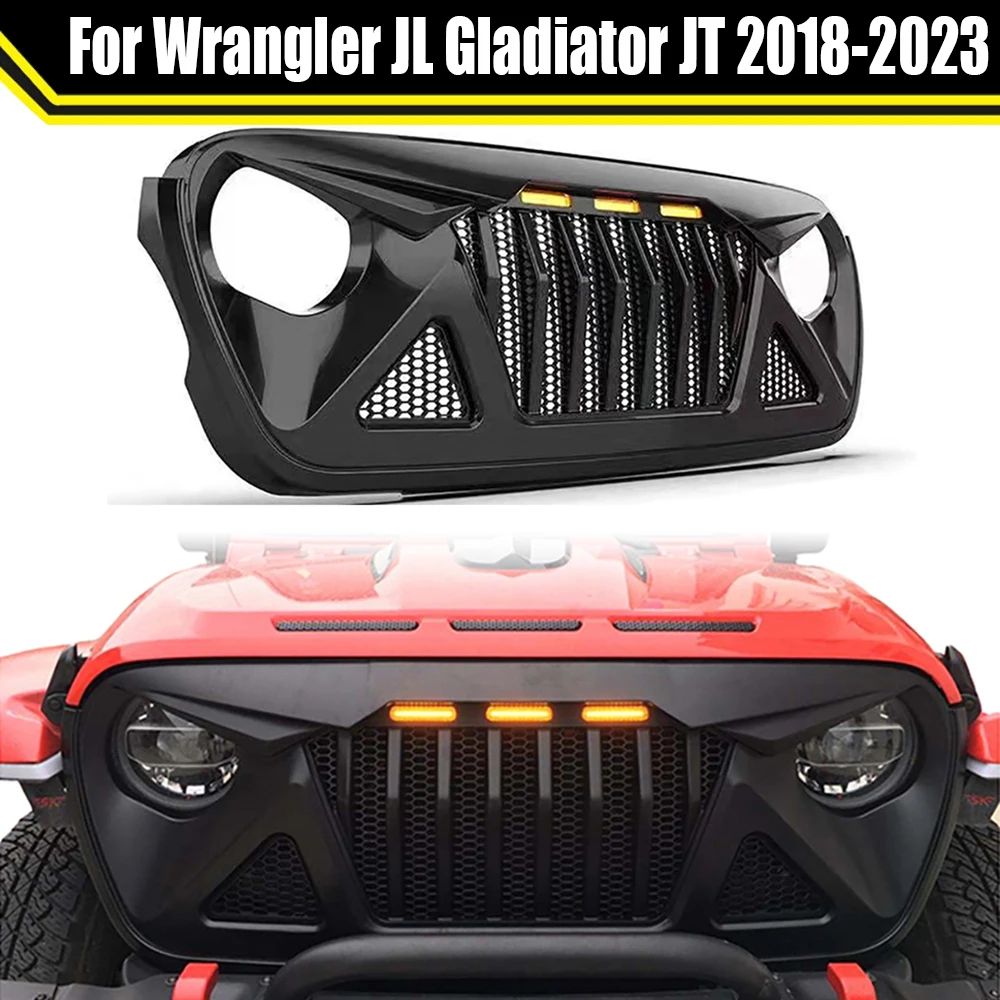 Решетка переднего бампера автомобиля с сетчатой вставкой, подходящая для Wrangler JL Gladiator JT 2018-2023 со светодиодной подсветкой Модифицированные гоночные решетки ABS