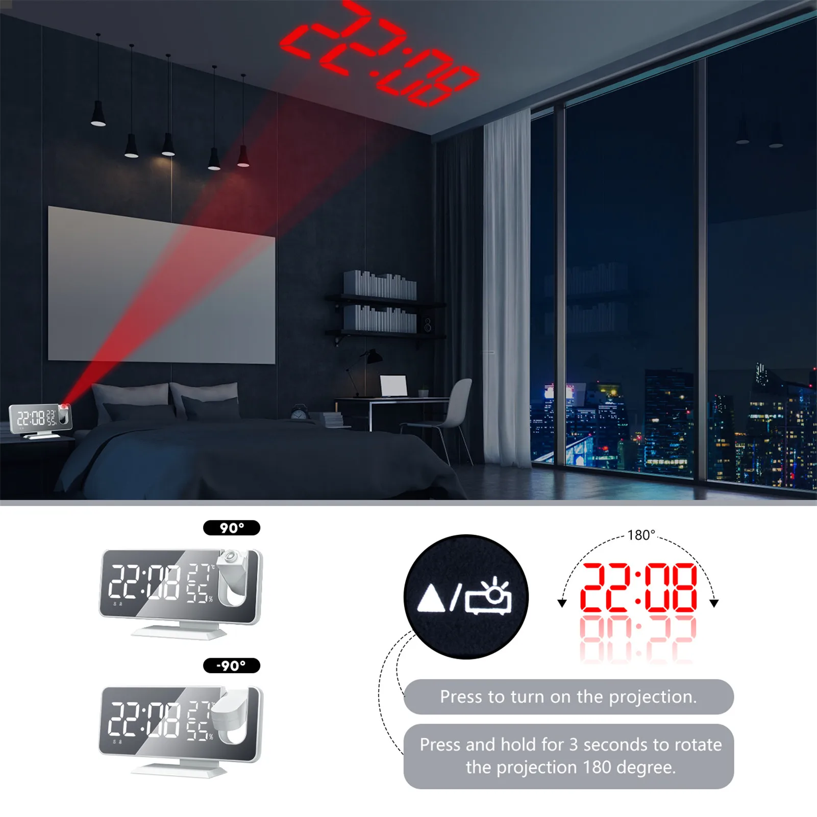  Цифровая проекция Светодиодный будильник FM-радио и зеркало Bluetooth-карта Будильник для спальни Часы с большим числом Легкий вес 0