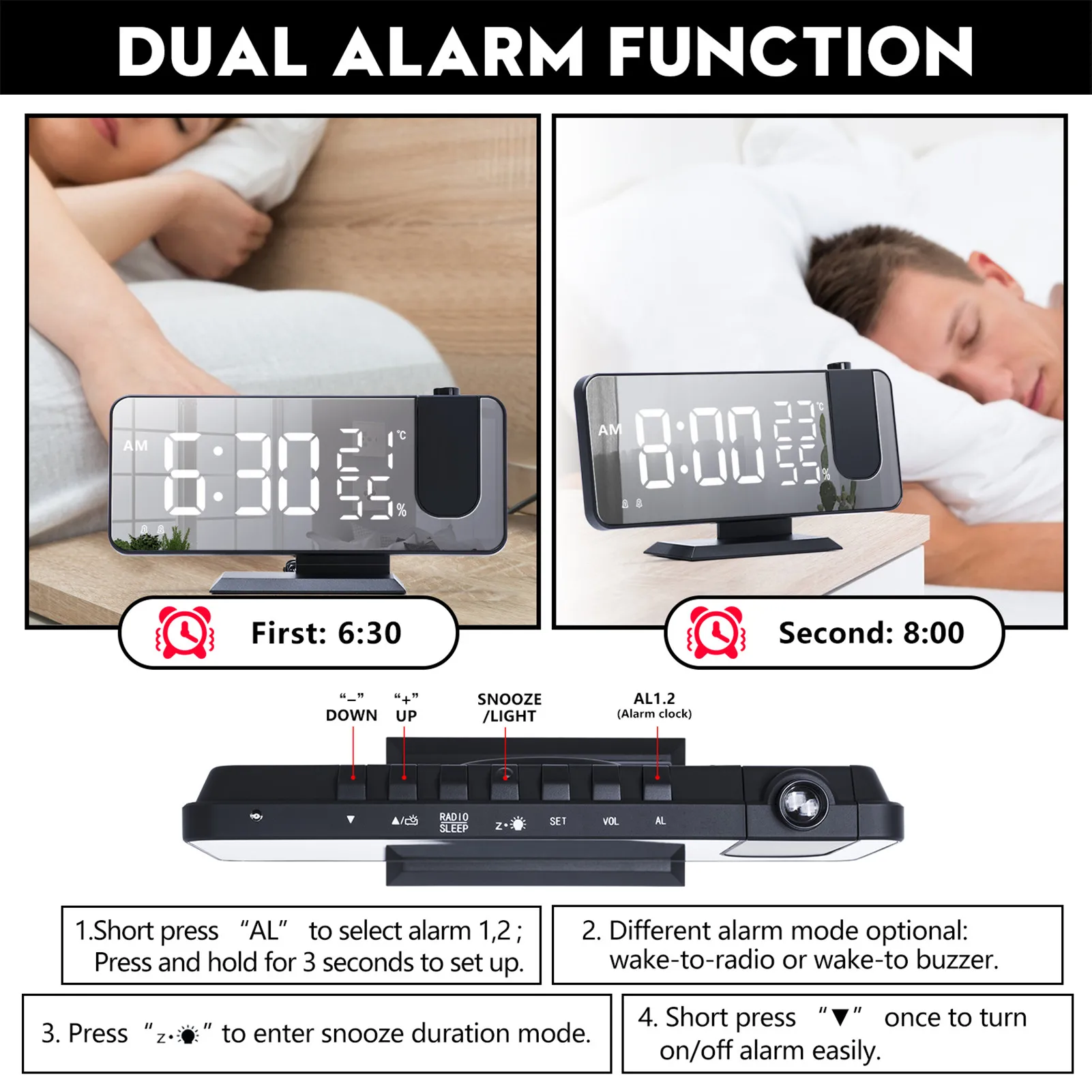  Цифровая проекция Светодиодный будильник FM-радио и зеркало Bluetooth-карта Будильник для спальни Часы с большим числом Легкий вес 4