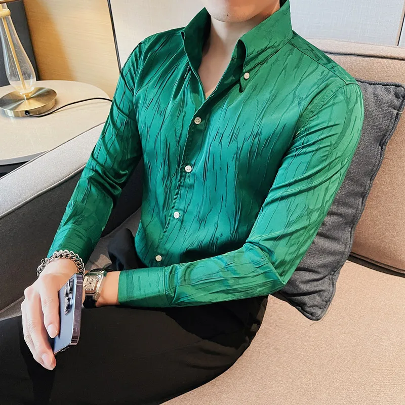 Роскошная осенняя 3D плиссированная рубашка для мужчин Рубашки с длинным рукавом и тонкими лацканами Высококачественные повседневные деловые рубашки Мужская одежда 2023