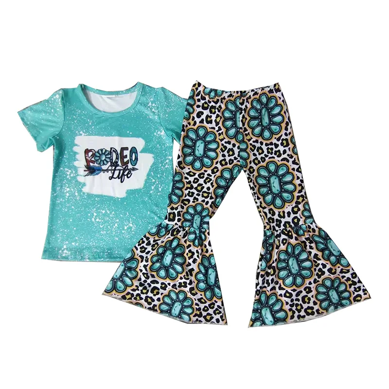 Новая детская одежда родео с короткими рукавами бирюзовый леопардовый принт колокольчик брюки для девочек комплекты