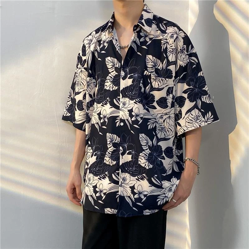 Летняя печатная рубашка с коротким рукавом Мужская мужская классическая рубашка Мужская гавайская рубашка Топы Женская отпускная пляжная одежда Лацкан Досуговая рубашка