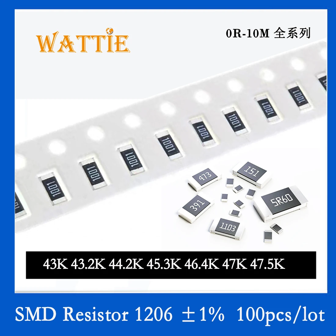 SMD Резистор 1206 1% 43K 43.2K 44.2K 45.3K 46.4K 47K 47.5K 100 шт./лот Чип-резисторы 1/4 Вт 3,2 мм * 1,6 мм