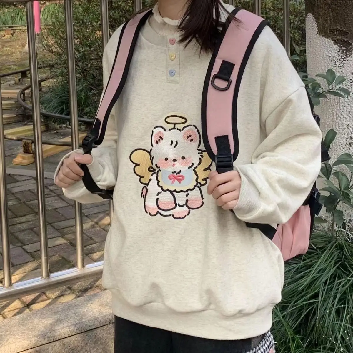 Японский кавайный мультфильм с вышивкой пуловер женщины милая девушка милые графические толстовки с капюшоном Harajuku Свободные толстовки повседневный топ 1