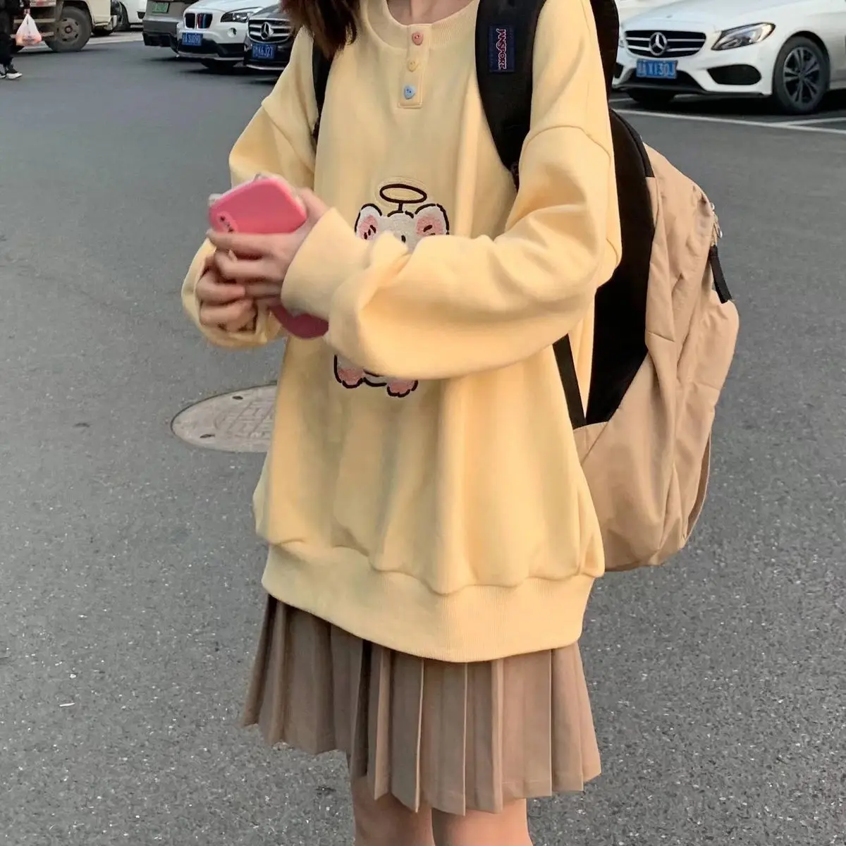 Японский кавайный мультфильм с вышивкой пуловер женщины милая девушка милые графические толстовки с капюшоном Harajuku Свободные толстовки повседневный топ 4