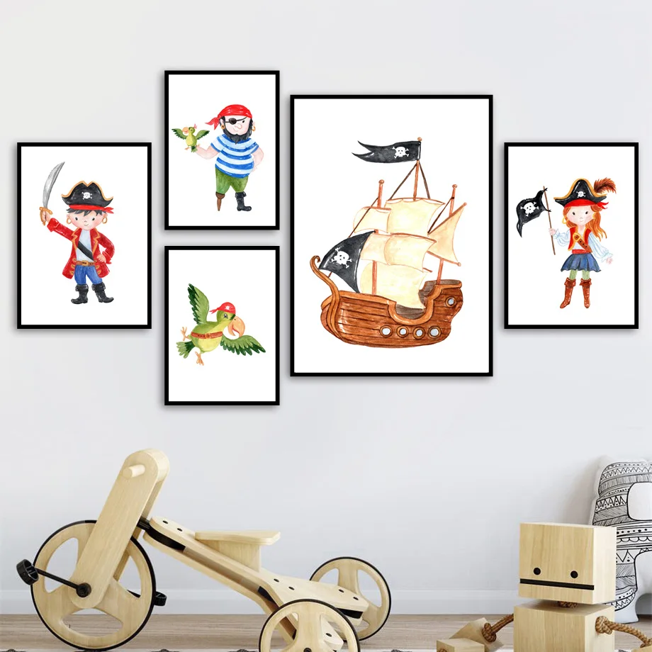 Холст картина семейное украшение картина пират сокровища корабль скандинавский мультяшный стиль фреска цветная живопись плакат детская комната 1