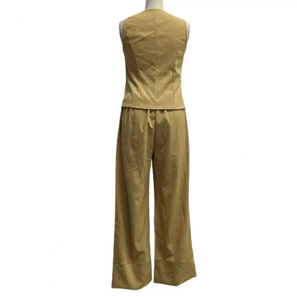 Однотонный комплект костюма Стильный женский костюм из хлопка льна Жилет без рукавов Широкие брюки Комплект для офисных или повседневных модных нарядов 3